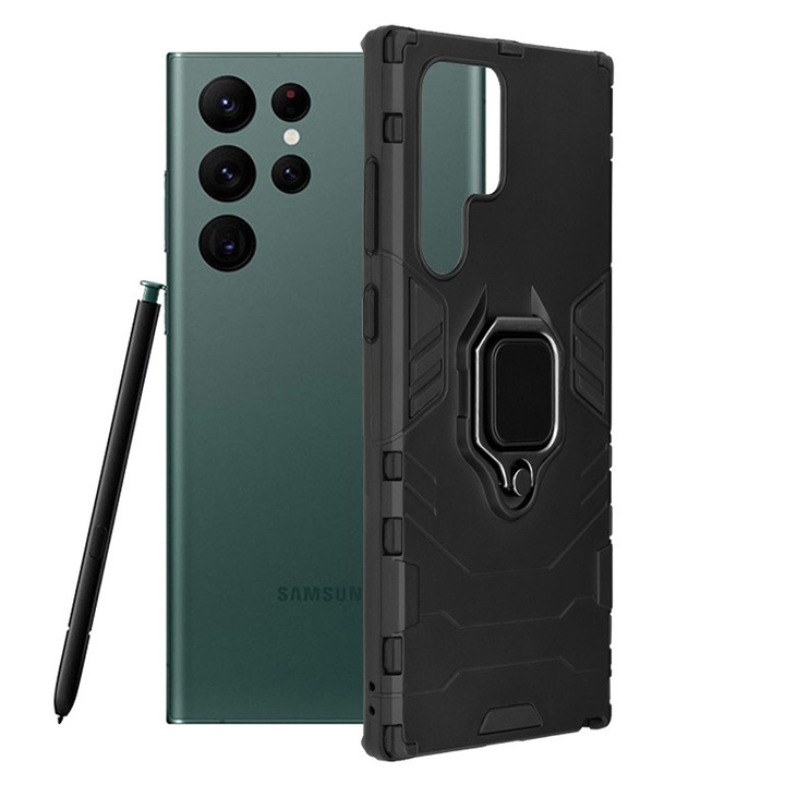 AZIAO Кейс с пръстен за Samsung Galaxy S22 Ultra, армейски щит, хибридна структура, 360° магнитен поддържащ пръстен, здрав издръжлив калъф, титаниево черно