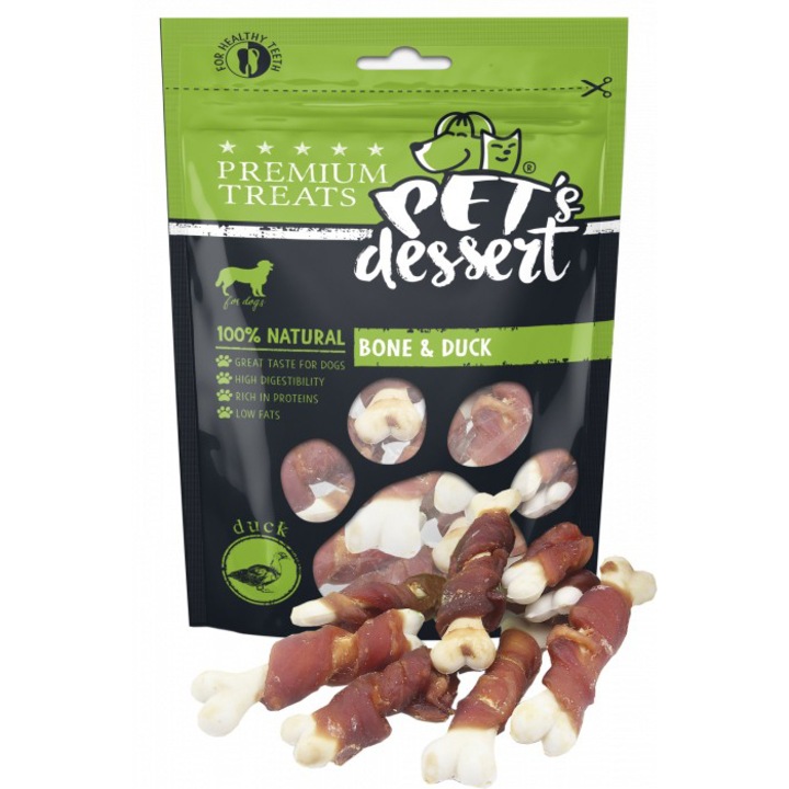 Recompense pentru caini Pet's Dessert, Bone & Duck, 80g
