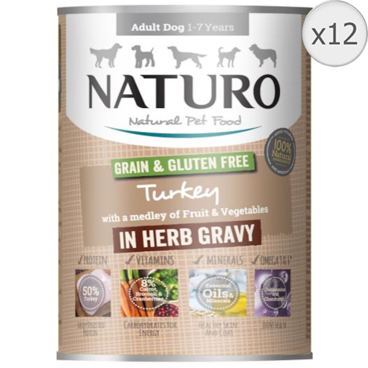 Hrana umeda pentru caini Naturo Grain & Gluten Free, Adult, Curcan, 12x390g