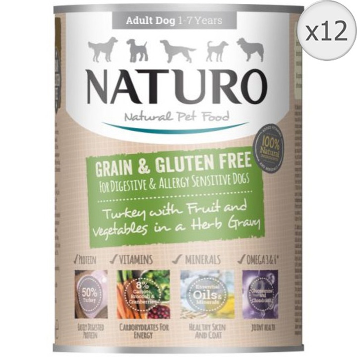 Мокра храна за кучета Naturo Grain & Gluten Free, Adult, Пуешко, 12 x 390 гр
