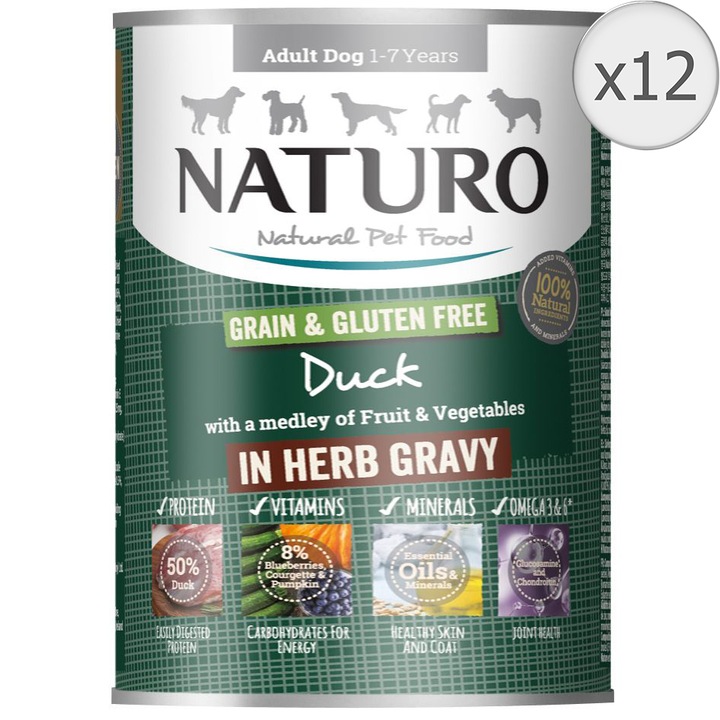 Hrana umeda pentru caini Naturo Grain & Gluten Free, Adult, Rata, 12x390g