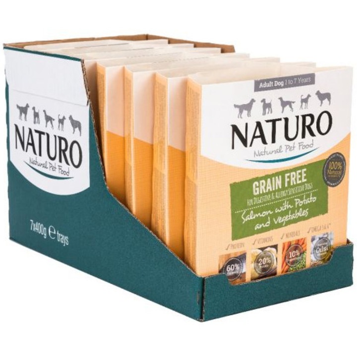 Hrana umeda pentru caini Naturo Grain Free Adult, Somon si cartof, 7x400g
