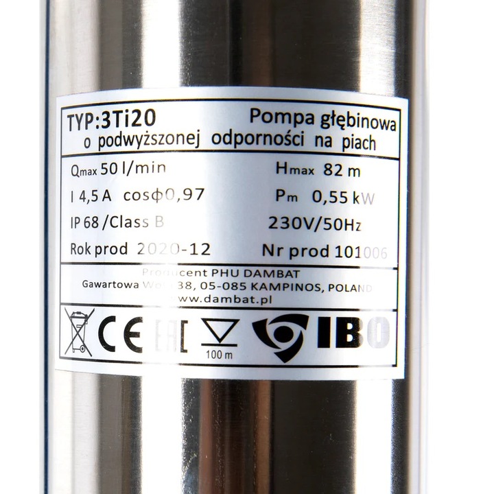 Pompa submersibila rezistenta la nisip, IBO Dambat 3TI20, 0.55 kW, debit 50l/min, H refulare 82m, cablu 20m
