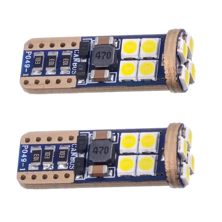 Комплект от 2x Led крушки, T10, 12 LED SMD, W5W, Canbus, 12V, за позициониране, плафониери, багажник, бяла светлина 6000K