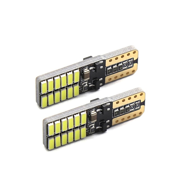 Комплект от 2x T10 Led крушки, W5W 4014 24SMD, 12V, за позиция, плафониери, багажник, бяла светлина 6000K