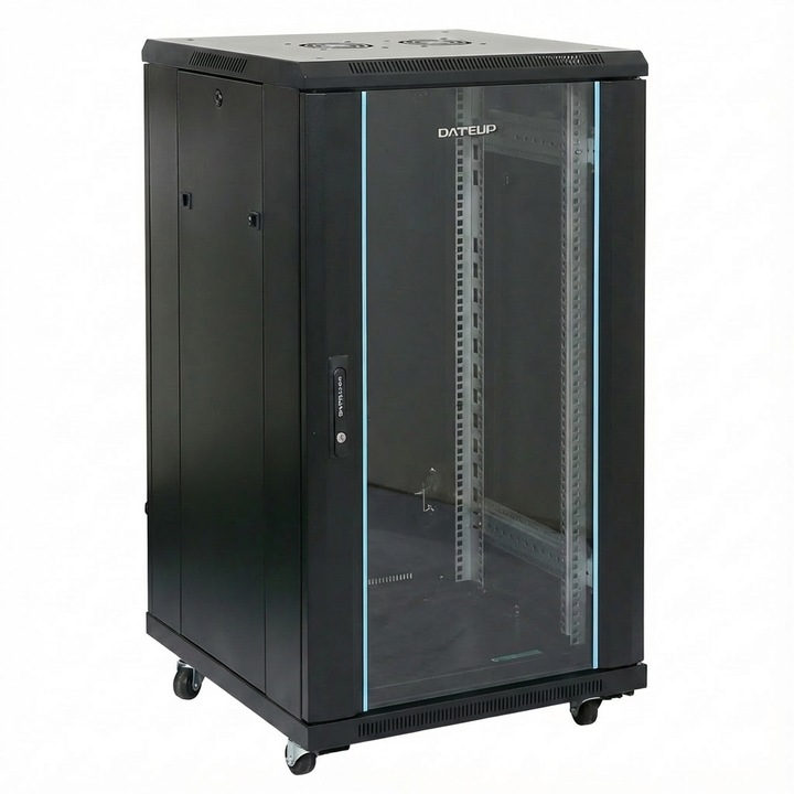 Rack 18U 600x800, montare pe podea, usa din sticla, panouri laterale detasabile si securizate, dezasamblat, culoare negru RAL 9004, DATEUP