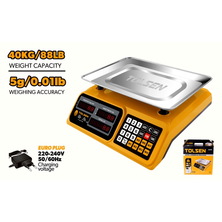 Cantar Electronic TOLSEN 40kg, Precizie 2g, Afisaj LED Dublu, Platforma Inox 340x240mm, Acumulator Integrat Reincarcabil, Conversie lb/kg, Corp ABS Rezistent, Functie Tara si Numarare Piese, Certificat CE, Uz Comercial, Industrial Profesional
