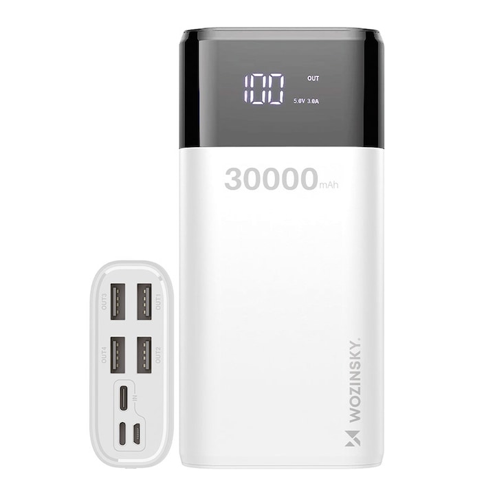 Външна батерия Wozinsky 30 000 mAh, 4 USB порта, 4A, Led дисплей, бял