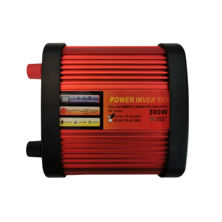 Автомобилен инвертор KlaussTech с мощност 300 W, 12 V - 220 V, издръжлив дизайн, червен
