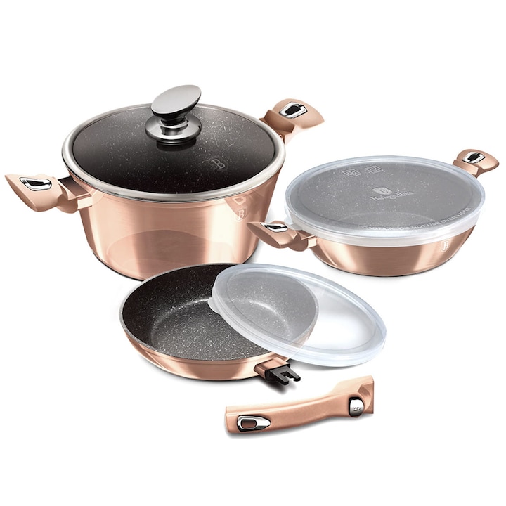 Edény-serpenyő készlet, Berlinger Haus, Alumínium/Gránit, 6 db, Rózsarany