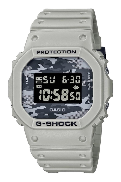 Casio, Ceas digital cu cadran cu model camuflaj G-Shock, Negru, Gri cenusa