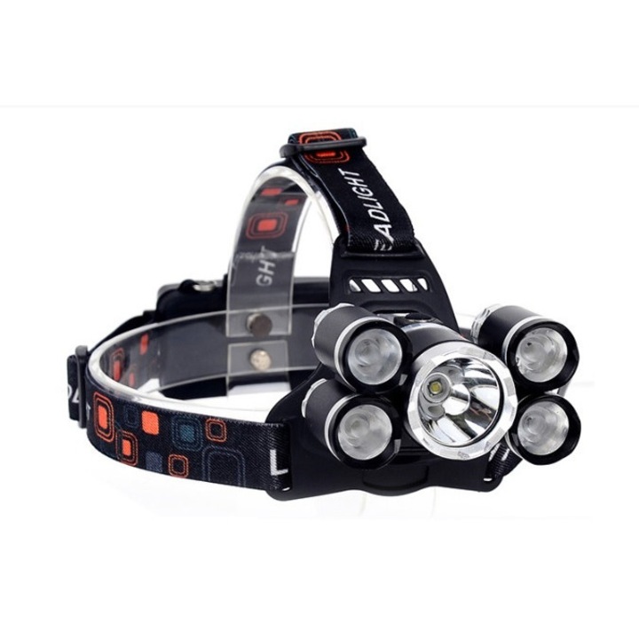 Челник, 5 x XML-T6, 2 батерии, LED, 10000 Lm, черен
