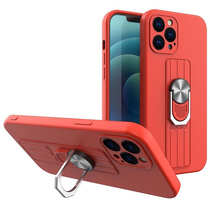 Калъф Ring Case Silicone, със стойка, за iPhone 12, червен