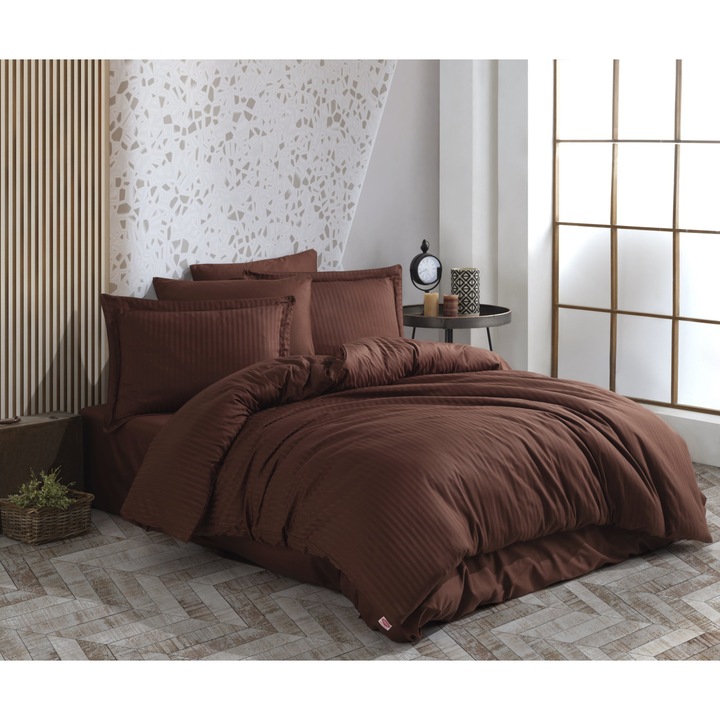 Lenjerie de pat bumbac satinat Hobby Diamond Kahve pentru 2 persoane, 6 piese, 200x220 / 50x70, maro