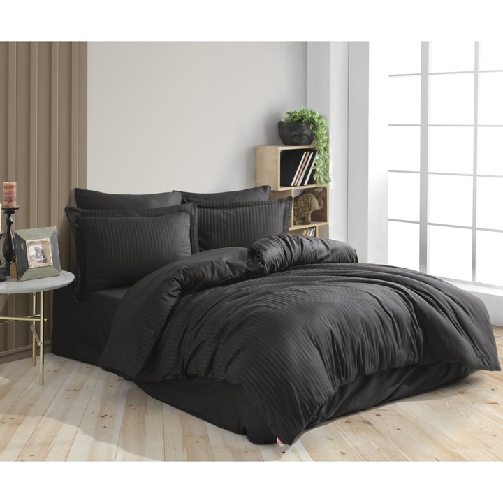 Lenjerie de pat bumbac satinat Hobby Diamond Syah pentru 2 persoane, 6 piese, 200x220 / 50x70, negru