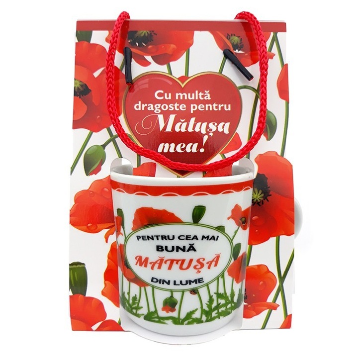 Cana din ceramica cu maci si dedicatie pentru matusa, 10x15 cm