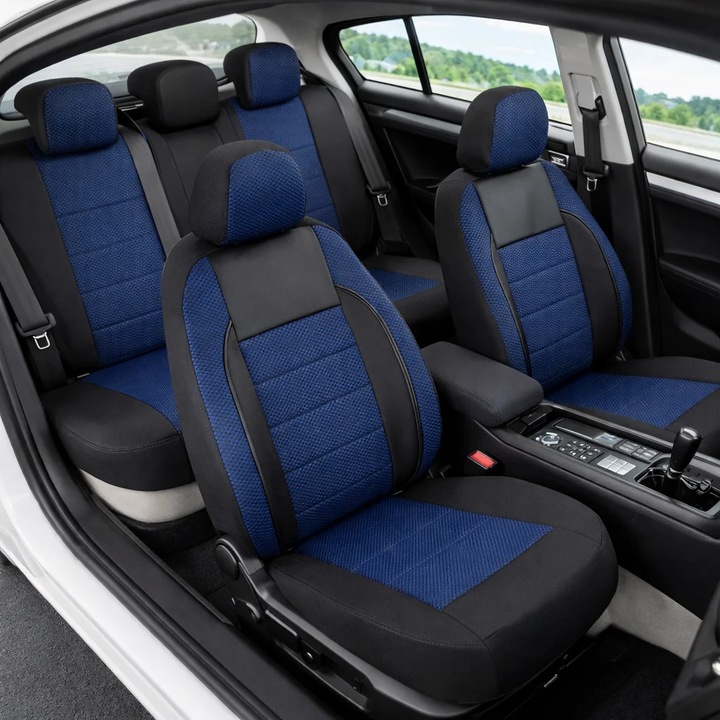 Huse scaune auto, Editia Elegance V2, Material Textil si Insertii Piele Ecologica, 11 piese, Albastru