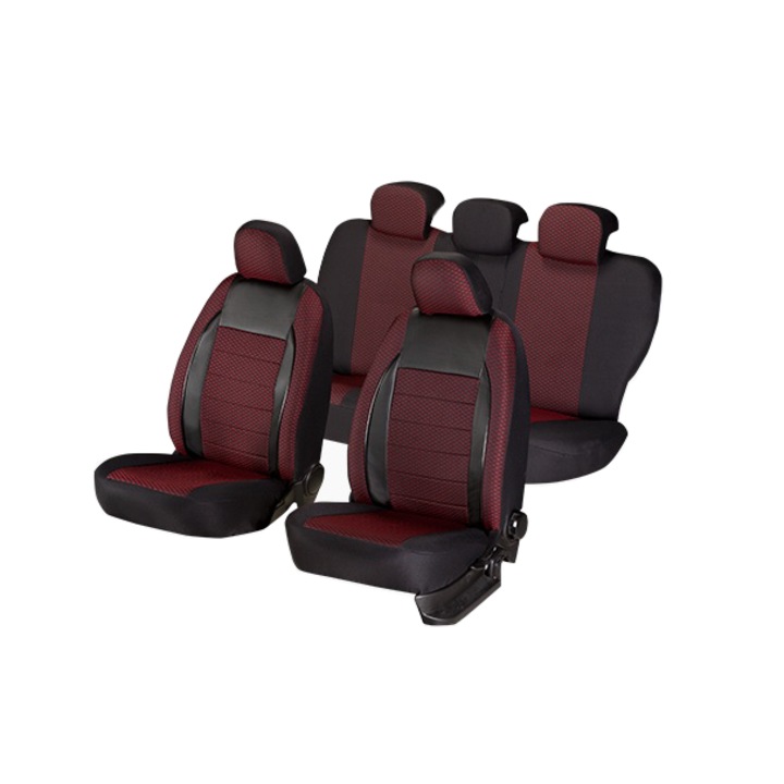 Комплект калъфи за автомобилни седалки, Elegance Edition V2, текстил и вложки от екологична кожа, 11 части, червени
