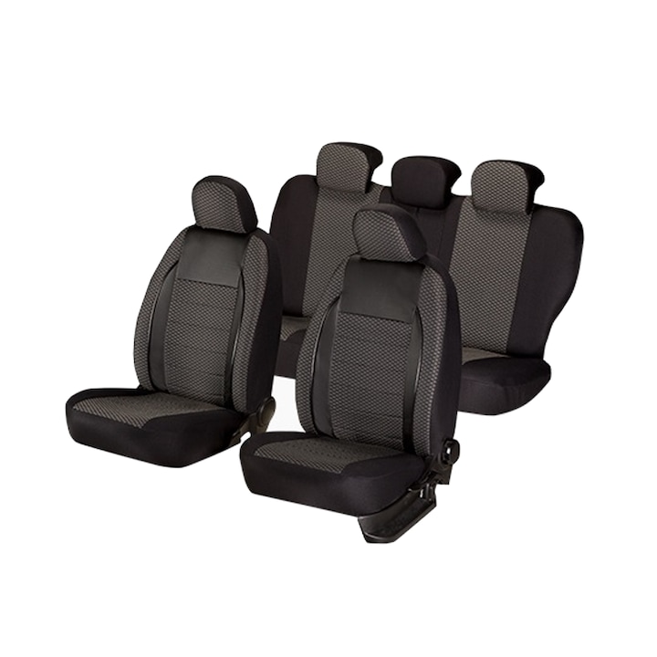 Комплект калъфи за автомобилни седалки Elegance Edition V2, Текстил и вложки от екологична кожа, 11 Части, Черен