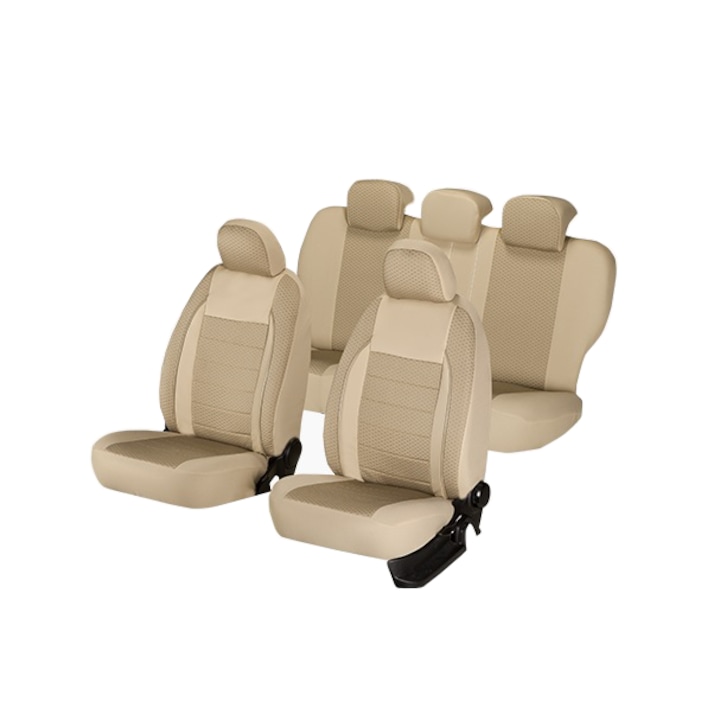 Комплект калъфи за автомобилни седалки, Elegance Edition V2, текстил и вложки от екологична кожа, 11 части, бежови