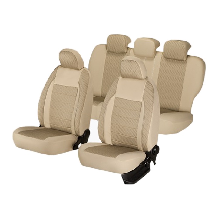 Huse scaune auto, Editia Elegance V2, Material Textil si Insertii Piele Ecologica, 11 piese, bej