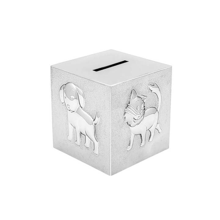 Pusculita pentru copii, forma cubica, cu figurine animale, 8 cm, argintiu