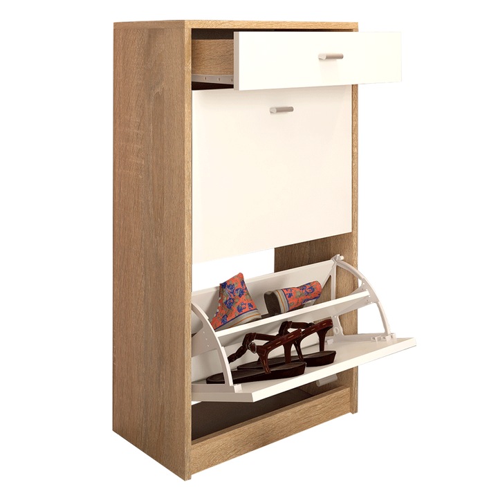 Pantofar 2 compartimente cu sertar pal alb stejar sonoma Vivat 50x28x92 cm