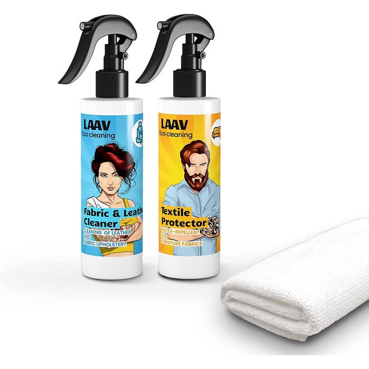 Kit de curatare a scaunelor auto, solutie de curatare a tapiteriei din piele si tesaturi 250 ml, impregnant pentru tesaturi 250 ml, biodegradabil, LAAV, microfibra
