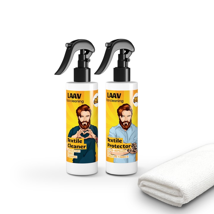 Set de 3 produse de curatare a textilelor, solutii pentru curatarea si impregnarea tesaturilor de mobilier, LAAV, 2 x 250 ml, carpa din microfibra