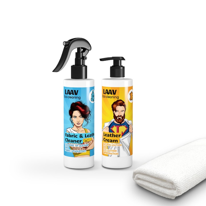 Set de 3 produse curatat tapiterie piele LAAV, Fabric&Leather Cleaner 250 ml, Leather Cream 250 ml si o laveta din microfibra