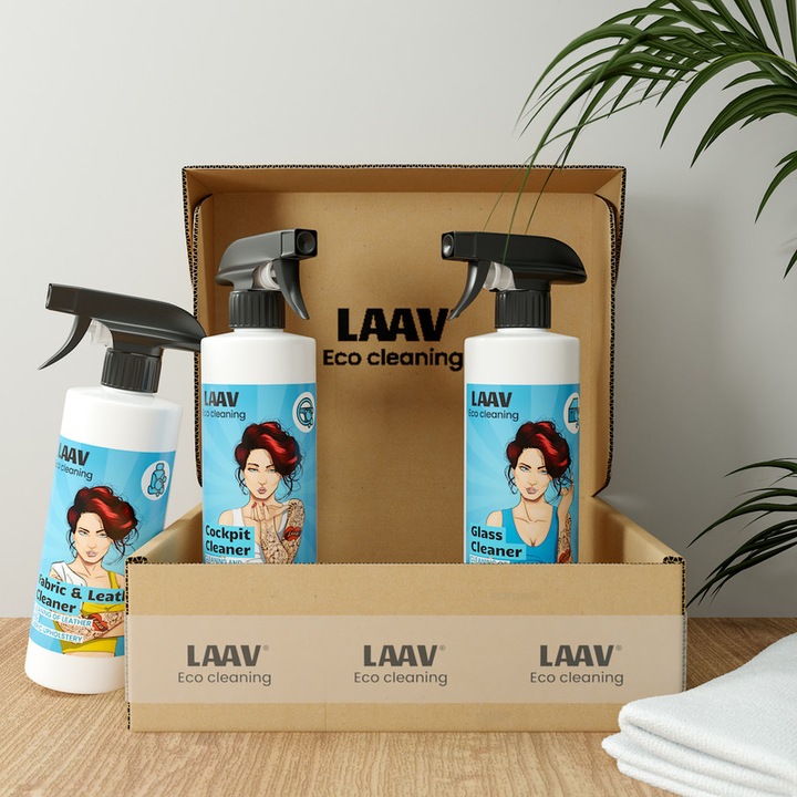 4 db-os autótisztító készlet, LAAV, Fabric&Leather Cleaner 500 ml, Glass Cleaner 500 ml, Cockpit Cleaner 500 ml és egy mikroszálas kendő