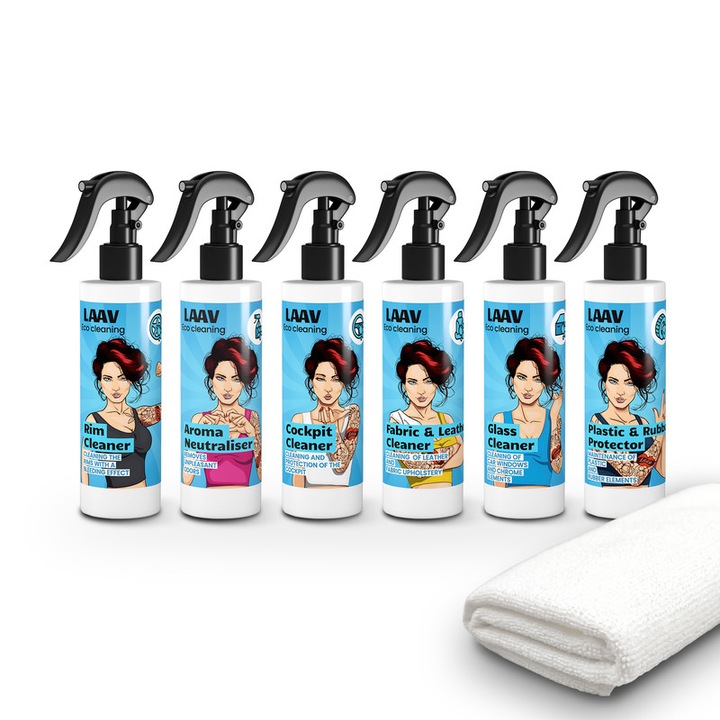 Set 6 solutii pentru curatarea suprafetelor din masina LAAV, 6 x 250 ml si o laveta din microfibra