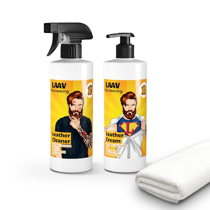 Комплект от 3 почистващи продукта, LAAV, почистващ препарат за кожа 500 мл, крем за кожа 500 мл и микрофибърна кърпа