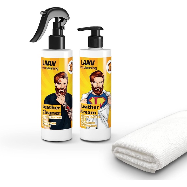 Set de 3 produse pentru piele naturala si ecologica, pentru curatarea suprafetelor din piele 250 ml, pentru impregnarea si ingrijirea tapiteriei din piele 250 ml, LAAV, carpa din microfibre