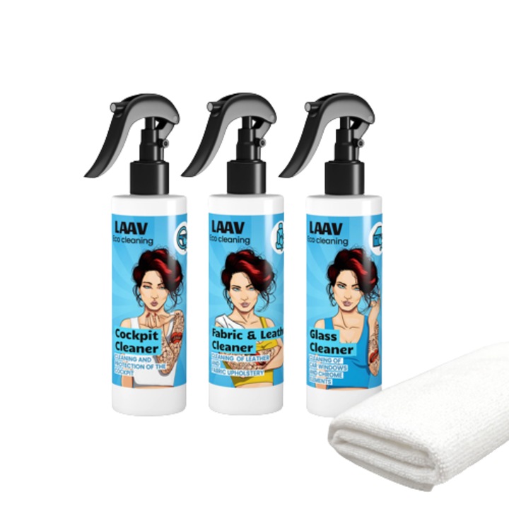 Set de 4 produse de curatare auto, solutii pentru tapiterie, plastic, sticla si oglinzi, LAAV, 4 x 500 ml, carpa din microfibra