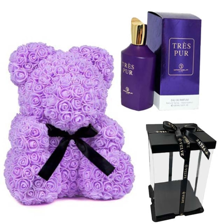 Set cadou fete, Ursulet floral din spuma 25 cm si Parfum Tres Pure, Grandeur Elite 100 ml