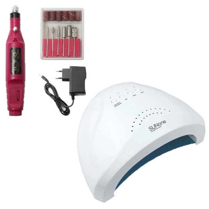 Kit pentru unghii, Lampa LED sun one 48W, freza unghii semiprofesionala 20.000 RPM