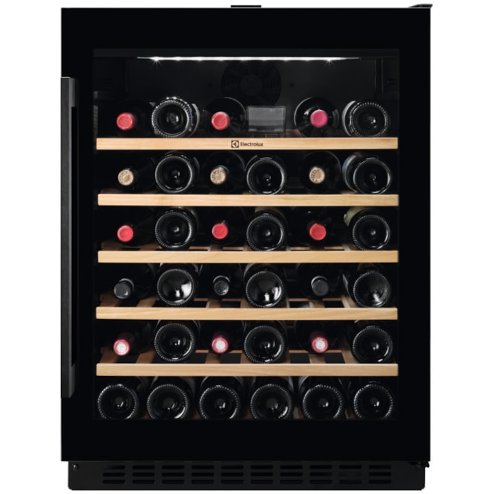 Охладител за вино Electrolux EWUS052B5B, 52 бутилки, Дървени рафтове, Електронно управление, Клас G, H 82 см, Черен