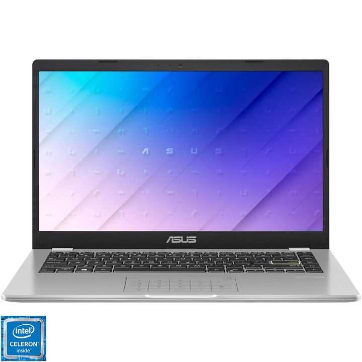 Laptop ultraportabil ASUS E410MA cu procesor Intel® Celeron® N4020 pana la 2.80 GHz, 14", 4GB, 256GB M.2 NVMe™ PCIe® 3.0 SSD, Intel® UHD Graphics 600, No OS