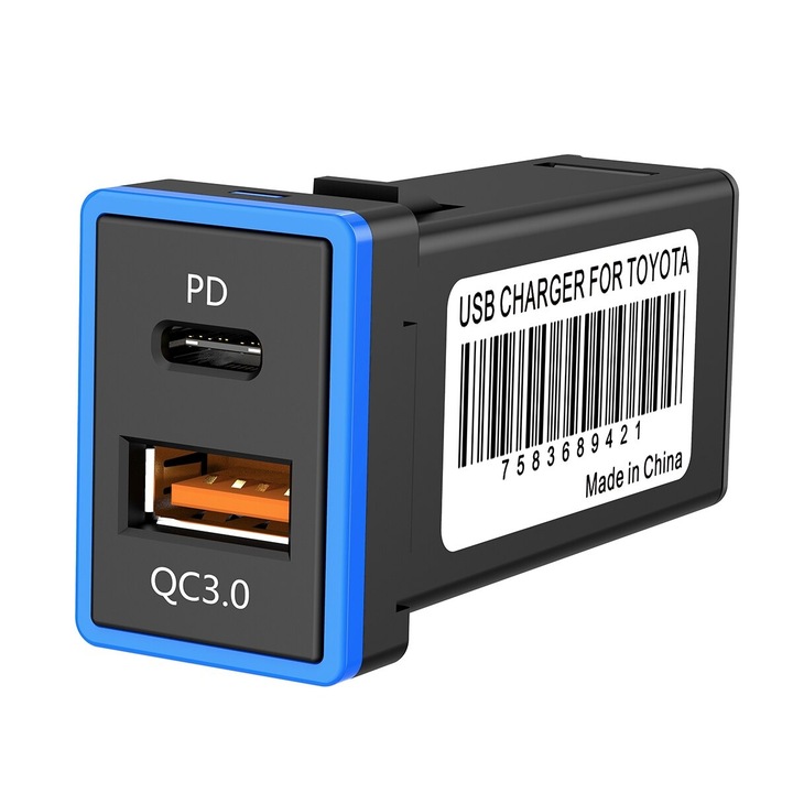 Incarcator auto tip Priza 2 Porturi USB QC 3.0 si PD tip C type C Incarcare rapida Fast Charging 5V 3.5A LED albastru