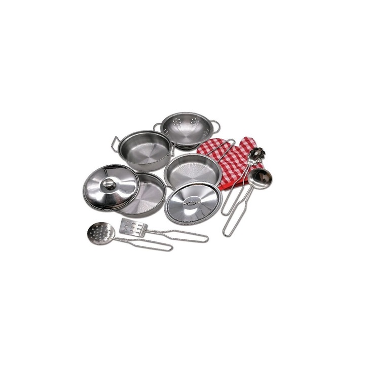 Set ustensile de bucatarie si vase de jucarie, 11 articole din otel inoxidabil, Tachan, Multicolor, 21 x 21 x 6 cm