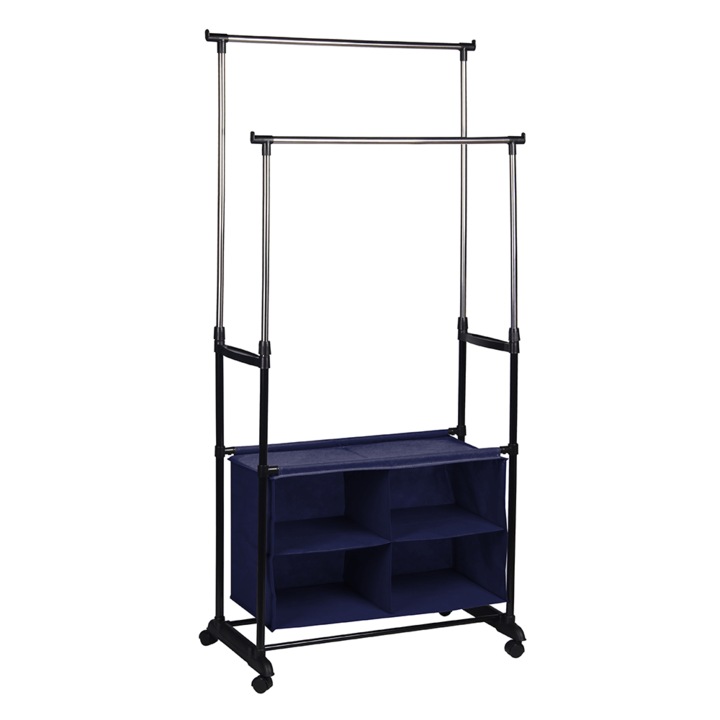 Suport pentru umerase/stander haine, din metal/plastic, inox/negru, 80x42x165, cutie textil, roti cu frana, Bortis