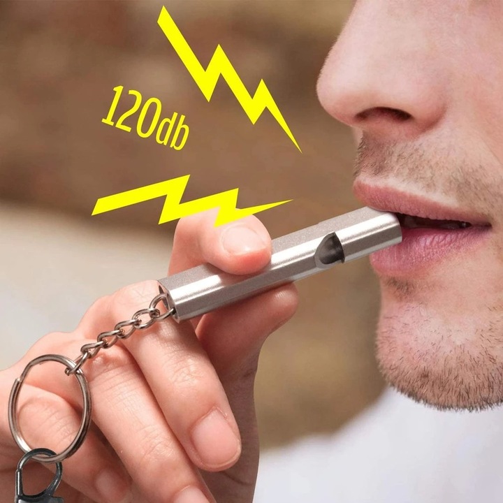 Fluier Dual Foarte Puternic pentru Arbitrii si Diverse Activitati in Aer Liber, din Aluminiu cu Inel pentru Chei, Gri, Original Deals