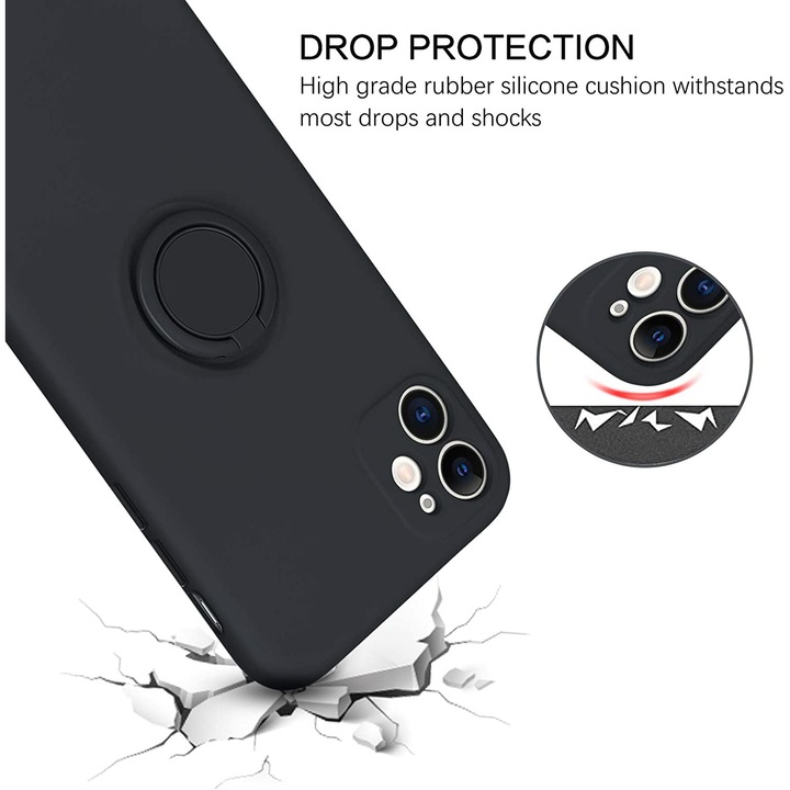 Szilikon tok Xiaomi Redmi 10C-hez, kameravédelem, állványgyűrű, fekete