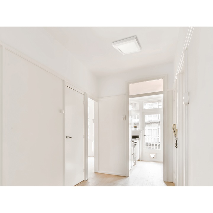 Koloreno szögletes LED mennyezeti lámpa, Fém, 18W, Meleg fény, IP20, 22,5x22,5x3 cm, Fehér