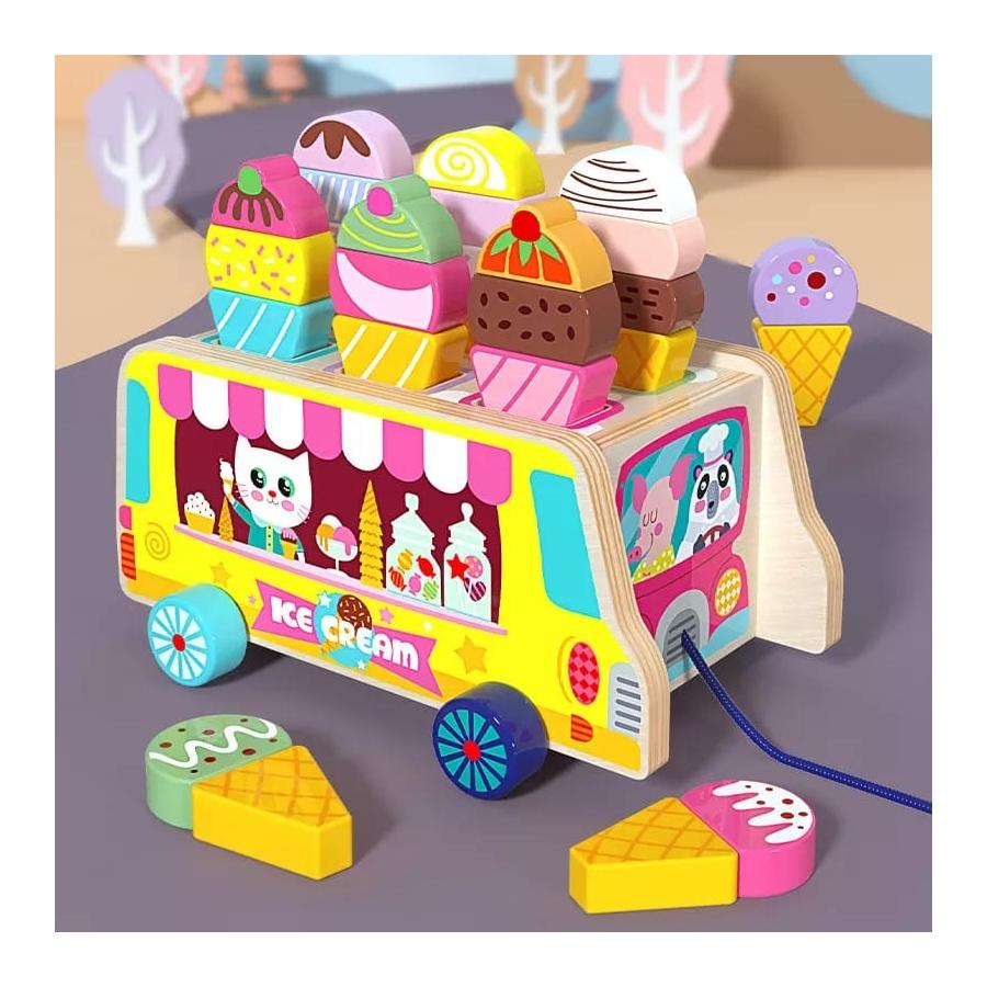 Играчка машина за сладолед с животни Alessandro DESIGN, Дърво и магнит ...