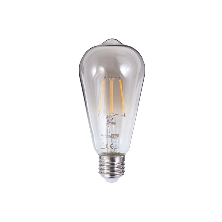 Bec LED cu filament retro, SUPERLED, E27, 6W, ST64, Alb cald (2700K)