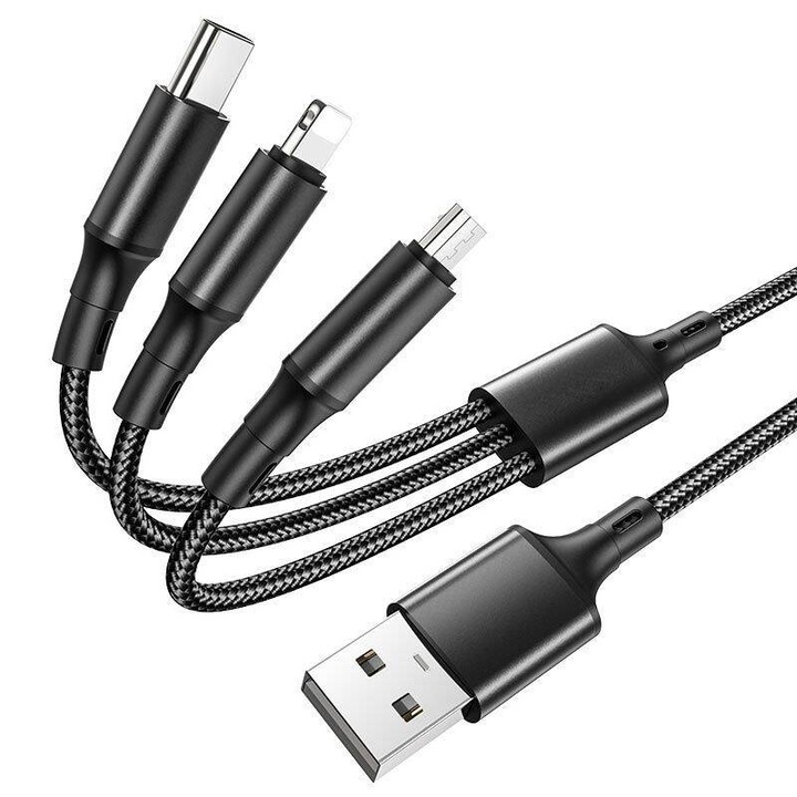 Cablu Date Borofone BX50 Fresco 3 in 1 USB Lightning MicroUSB Type-C 2.4A 1m Negru