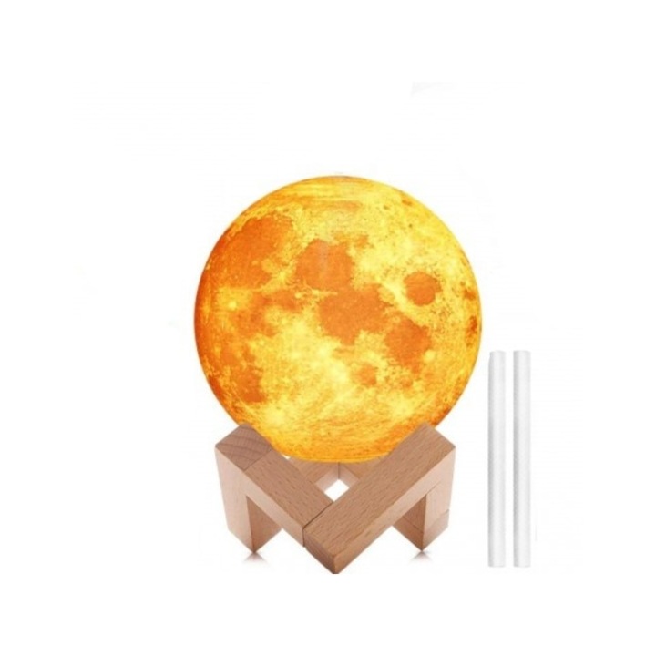 Lampa de veghe cu umidificator, Lemn/Poliactida, Model luna 3D, 13 cm, 880 ml, Alb/Maro