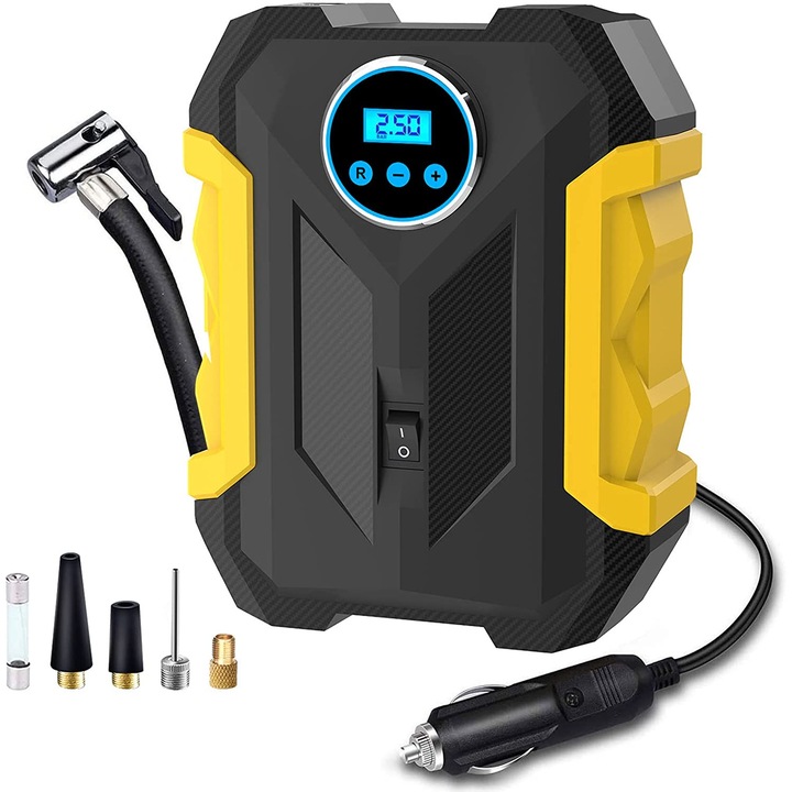 Автомобилен въздушен компресор, Цифров, 12V, 35L/min, 3m, Черен/Жълт